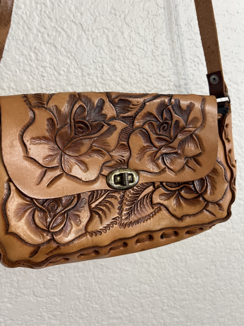 Handtooled Leather Floral Crossbody Bag - Tan - Picture 2 of 9